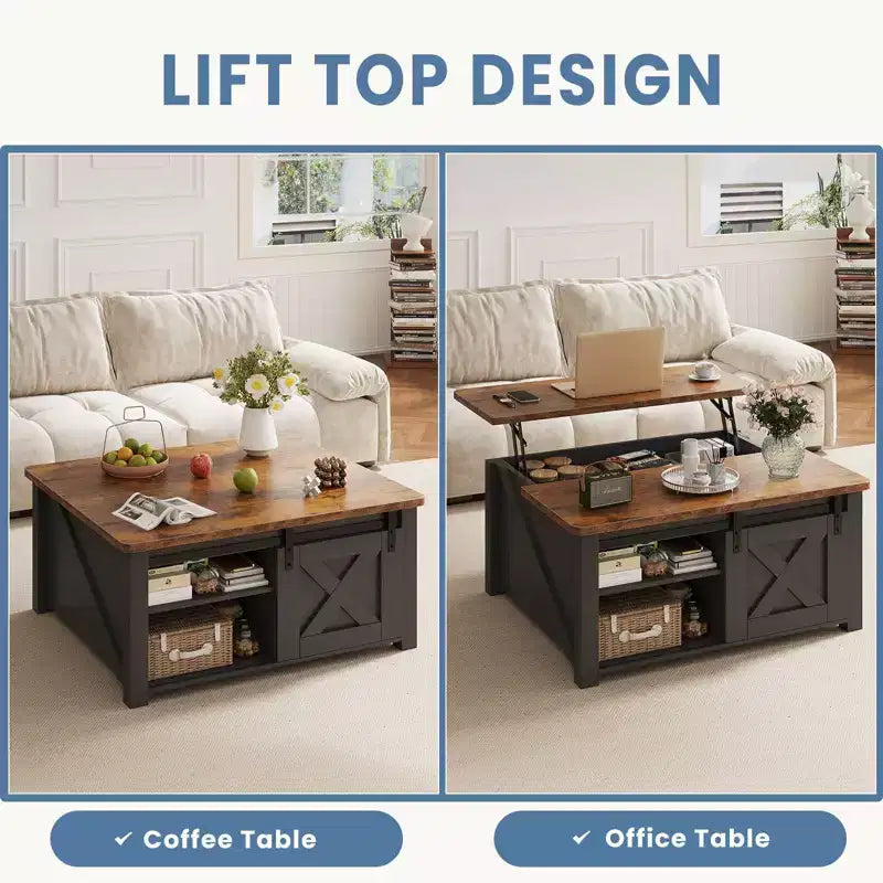 JIONJOY 31,5-Zoll-Couchtisch mit Liftplatte und großem verstecktem Stauraum, verstellbaren Einlegeböden, quadratischer Landhausstil-Mitteltisch für Wohnzimmer und kleine Räume