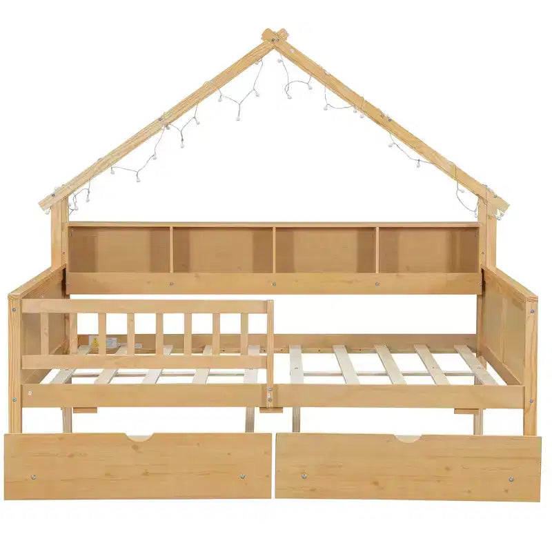 Estructura de cama tipo casita de tamaño completo con cajones, cama plataforma tipo casita con luces LED, estantes y cajones de almacenamiento, diván de madera con techo y barandilla
