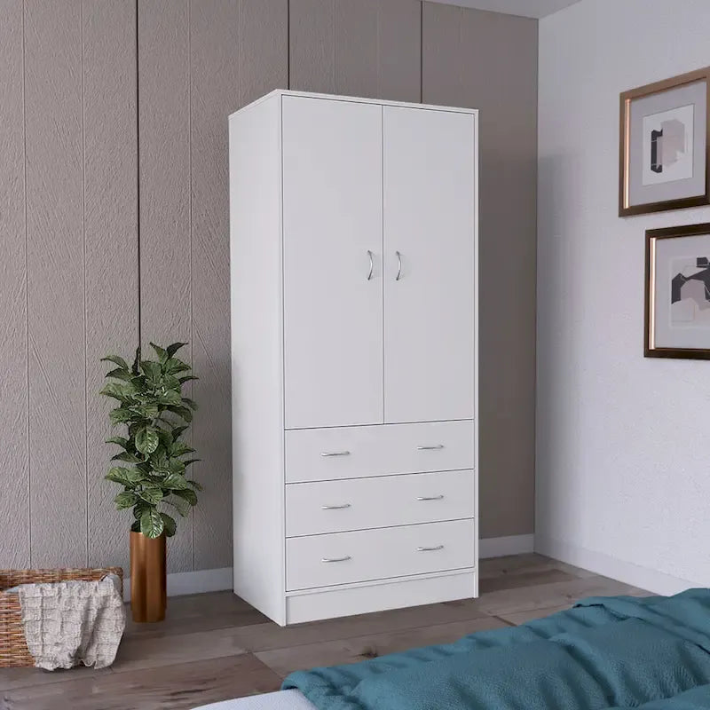 Armario moderno de dos puertas 19 con 3 cajones y 1 barra para colgar, para dormitorio