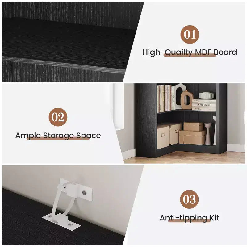 Nero/Bianco/Legno/Retrò, libreria angolare a L, a 5 ripiani, singola