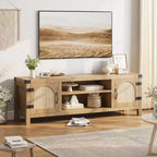 165 cm breiter TV-Schrank im Boho-Stil mit Flechttür – Unterhaltungsschrank aus Holz mit zwei Schränken und verstellbaren Einlegeböden, geeignet für Wohnzimmer