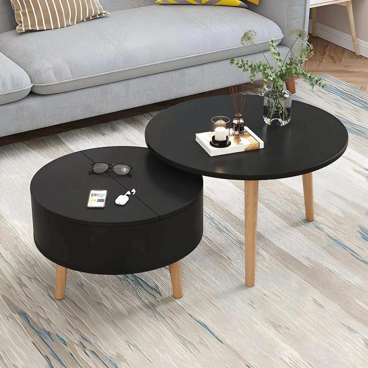 Tavolino da caffè moderno rotondo in legno bianco e nero con contenitore