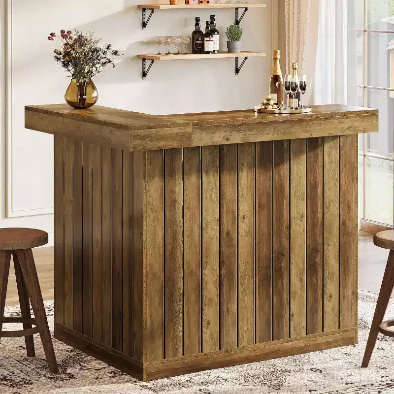 Lantine L-förmige Hausbar, 4-stufiger Eck-Bartisch mit Ablagefächern und Halterung für Weingläser für die Hausbar