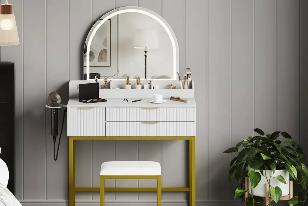 Escritorio tocador con espejo y luces, diseño con espejo iluminado por LED y amplios cajones para organizar cosméticos y artículos de tocador