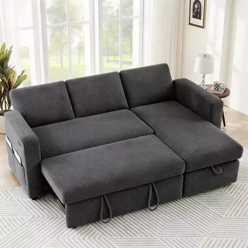 2-in-1-Ausziehsofa mit Stauraum und Ottomane, Chenille-Ecksofa mit USB-Anschlüssen für das Wohnzimmer