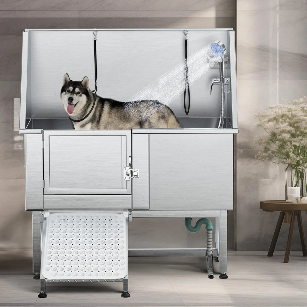 Bañera de aseo para mascotas de acero inoxidable de 50" W ajustable con rampa de escalones