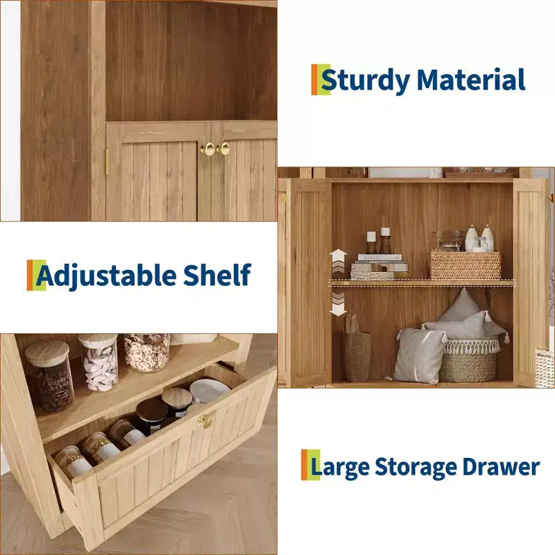 Libreria ad arco da 72" con cassetto contenitore, mobile espositore moderno in legno a 6 ripiani con scaffali aperti e cassetto inferiore, anta curva