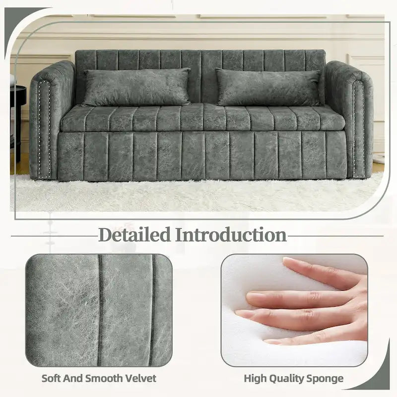 Aksamitna tapicerowana nowoczesna sofa wypoczynkowa z funkcją spania, rozkładana, z podłokietnikami w kształcie wałków i ozdobiona miedzianymi ćwiekami