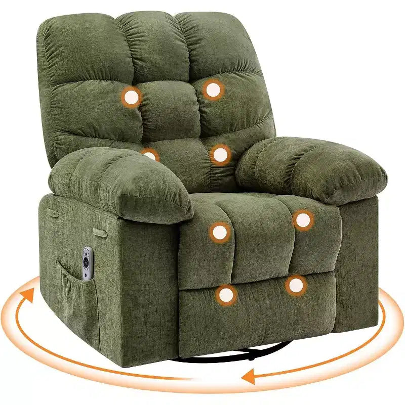 Massagestoel met warmtefunctie - 360° draaibare schommelstoel, extra brede eenpersoonsbank met vibratie, USB en opbergvakken voor woonkamer/slaapkamer