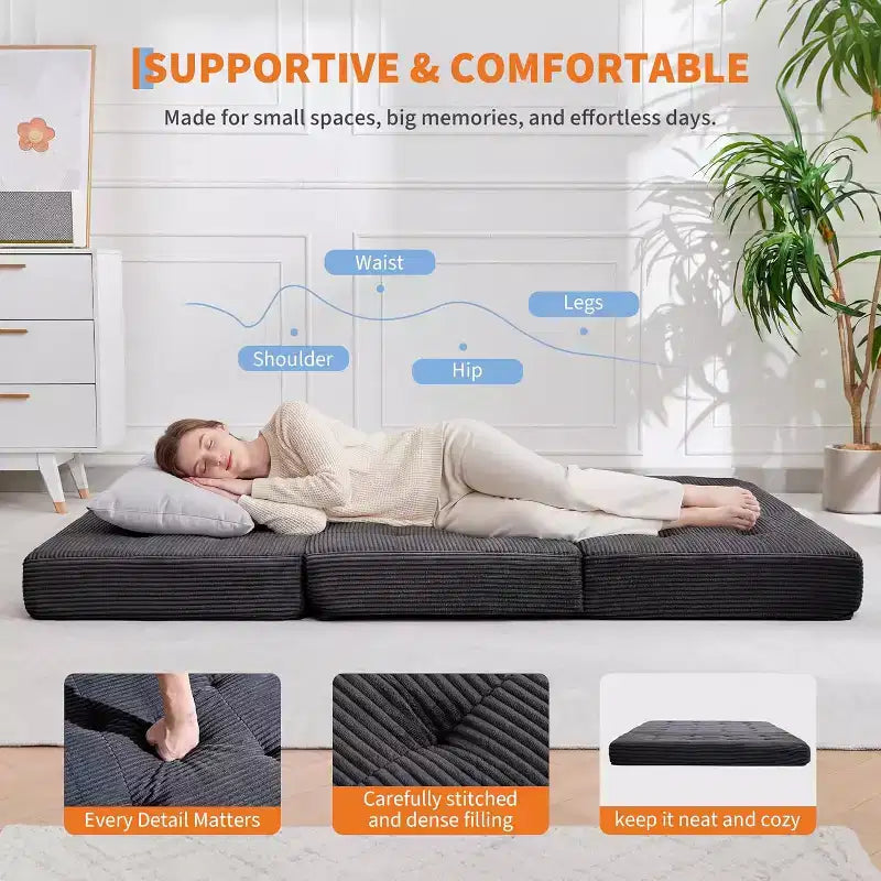 Matelas pliable en trois parties de 15 cm SunnyFurn, canapé-lit, 190,5 x 137,9 cm, lit d’appoint pliable en mousse avec velours côtelé matelassé, portable pour le camping, le salon ou la chambre