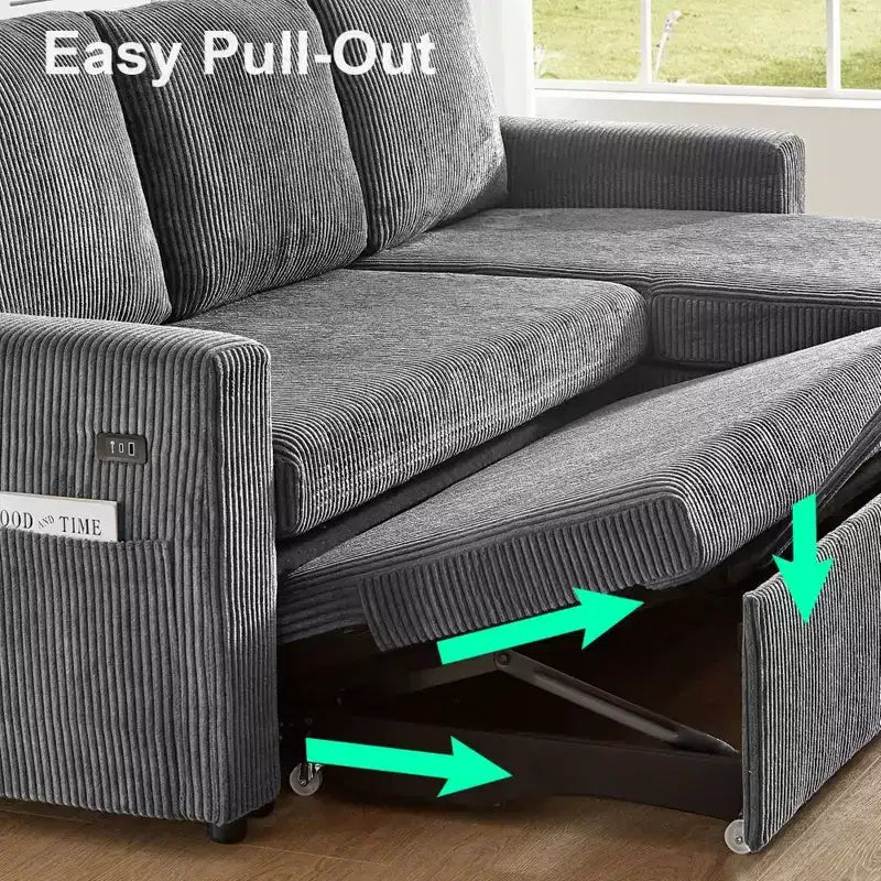 Sofá cama extraíble 2 en 1 Dyonery con chaise longue con almacenamiento, sofá seccional de pana C con puertos USB para sala de estar