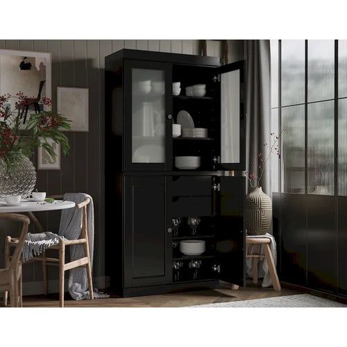 Armario despensa 100 % de madera maciza con puertas de vidrio esmerilado, puertas sólidas, 2 cajones y estantes ajustables