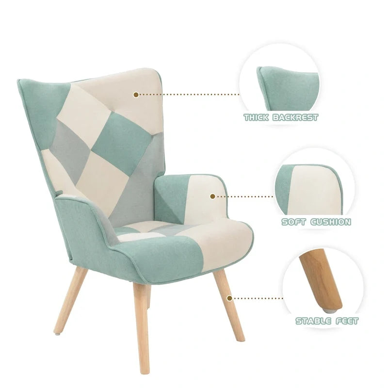 Akzentstuhl mit Hocker, Sitzgruppe aus Wohnzimmersessel und Hocker, bequemer Sessel mit Armlehnen für das Schlafzimmer, kreative Stoffoberfläche mit Patchwork-Design
