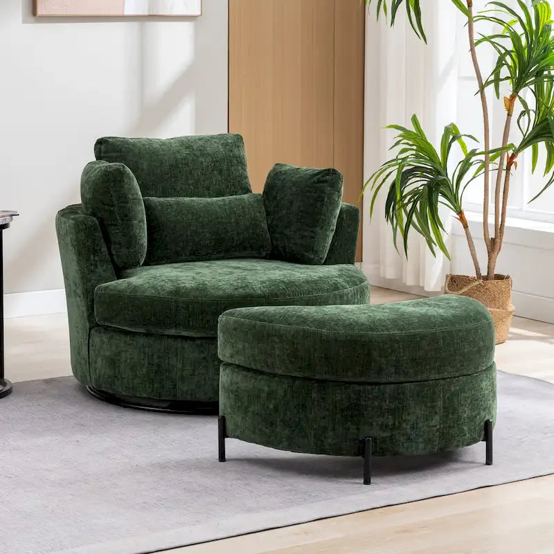 Sillón decorativo giratorio tapizado de 42.3W con 4 cojines y otomana de almacenamiento en forma de media luna