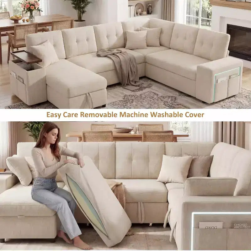 Divano componibile letto modulare Dyonery 112 con letto estraibile, divano componibile a U con contenitore, sedute extra larghe e profonde per il soggiorno