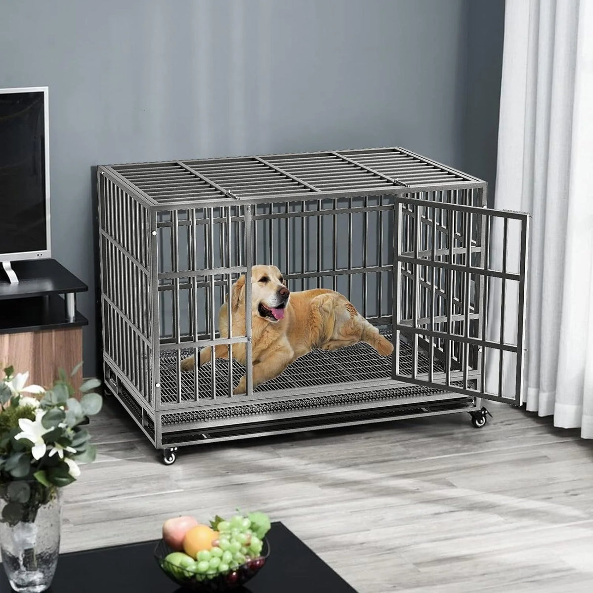 Gabbia per cani BOSSIN da 48/38 pollici, robusta e indistruttibile, a prova di fuga, con ruote bloccabili