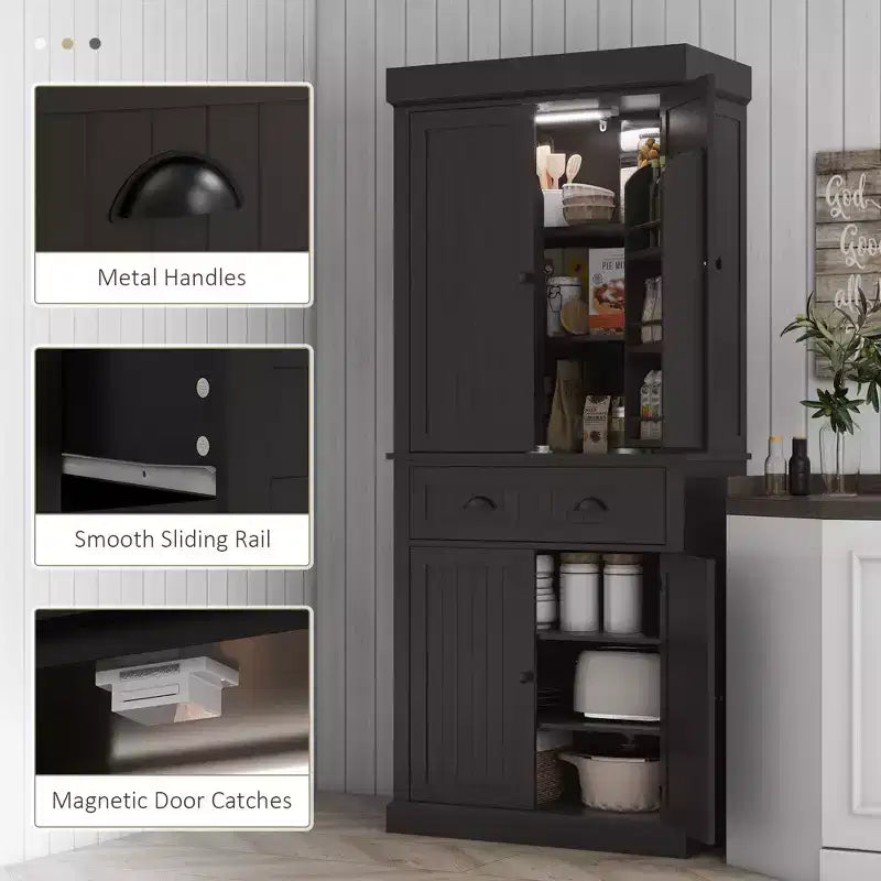 Credenza dispensa da cucina da 71 con luci LED, 6 ripiani sulle ante, un cassetto e 4 ripiani regolabili