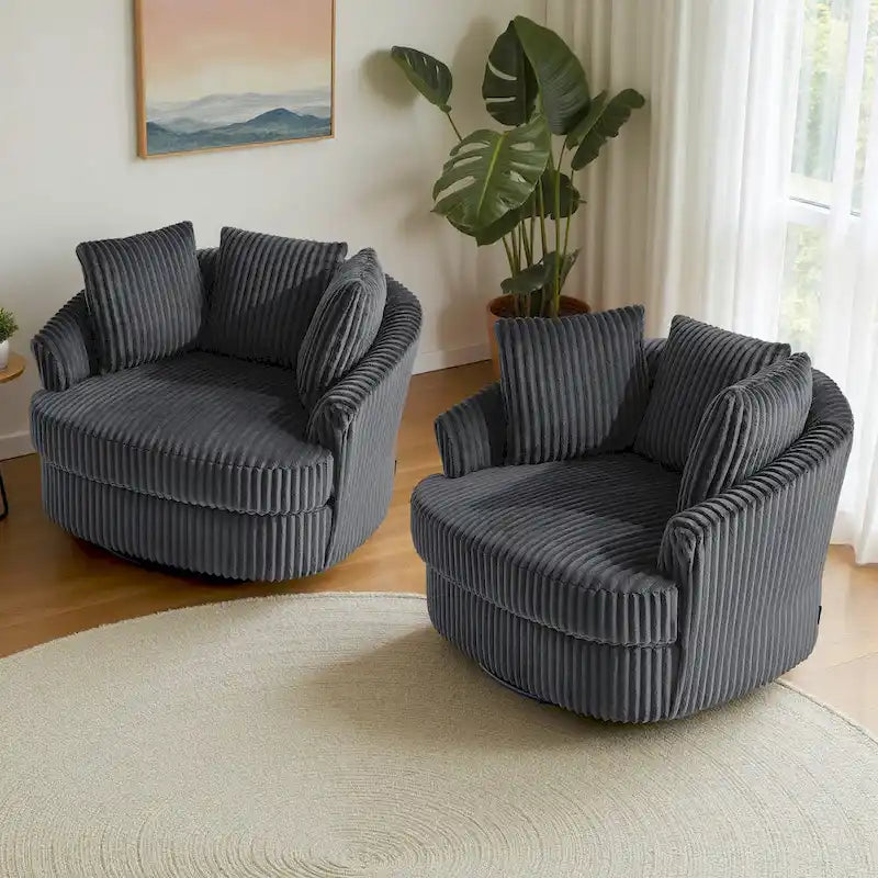Set di 2 poltrone girevoli a conchiglia oversize da 43 W in morbido velluto a coste con cuscini