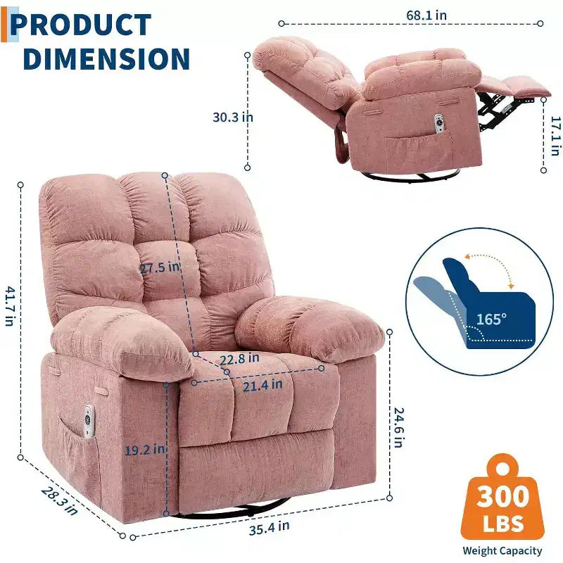 Massagestoel met warmtefunctie - 360° draaibare schommelstoel, extra brede eenpersoonsbank met vibratie, USB en opbergvakken voor woonkamer/slaapkamer