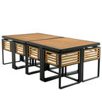 Juego de comedor de patio de 18 piezas de madera de acacia, con 8 sillas acolchadas, 8 otomanas y 2 mesas cuadradas