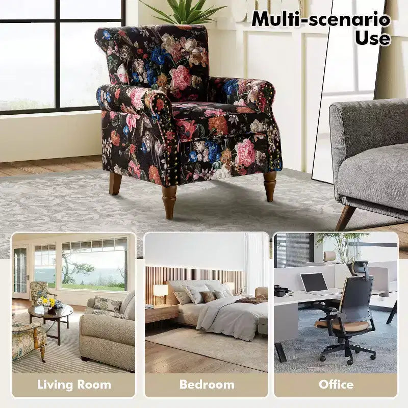 Araceli traditionele houten bloemenfauteuil met bekleding, hoge rugleuning en sierspijkerrand| ART OF LIVING DESIGNS
