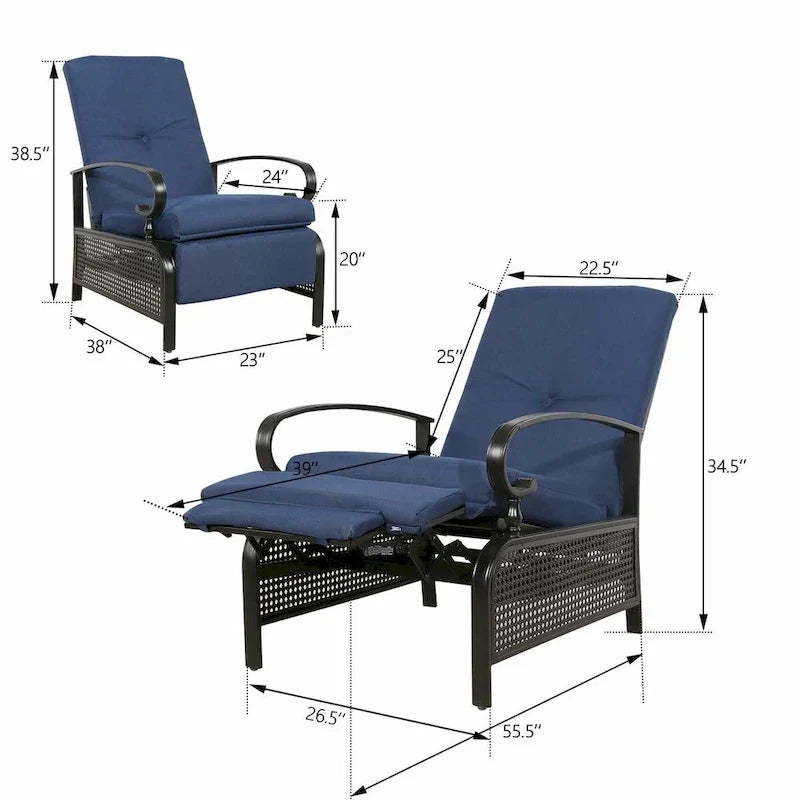 Verstellbarer Relaxsessel für die Terrasse, Lounge-Sofa mit Kissen - 38 (T) x 26.5 (B) x 38.5 (H) ZOLL