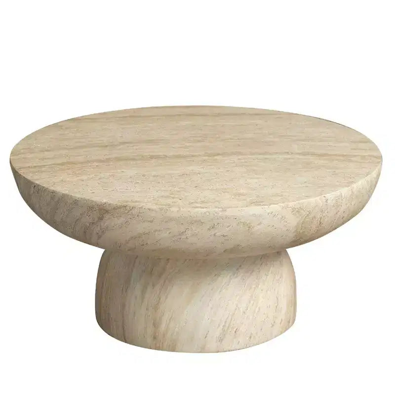 Mesa de centro redonda LeisureMod Lunexa, mesa auxiliar con pedestal de fibra de piedra para interiores o exteriores, diseño esculpido con almohadillas antideslizantes