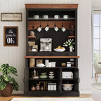 183 cm hoher Kaffeebarschrank im Landhausstil mit LED-Beleuchtung, Küchenbuffet mit Türen und Schublade, verstellbaren Regalböden und geräumigem Stauraum