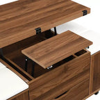 Multifunctionele moderne salontafel met hefbaar blad en verborgen opbergruimte, 4 krukken en zwenkwielen, perfect voor moderne woonruimtes