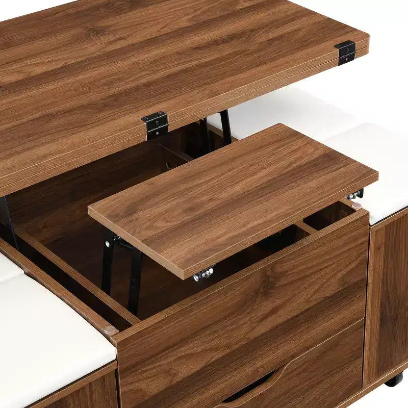 Multifunctionele moderne salontafel met hefbaar blad en verborgen opbergruimte, 4 krukken en zwenkwielen, perfect voor moderne woonruimtes