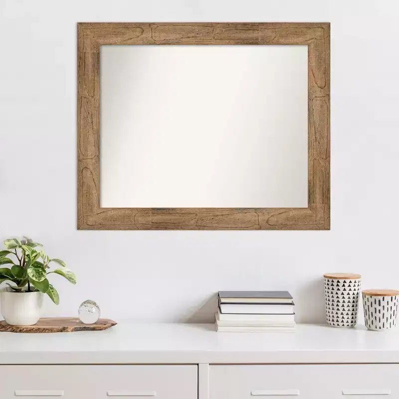 Specchio da parete 34" x 28" in legno marrone con gufo, senza smussatura