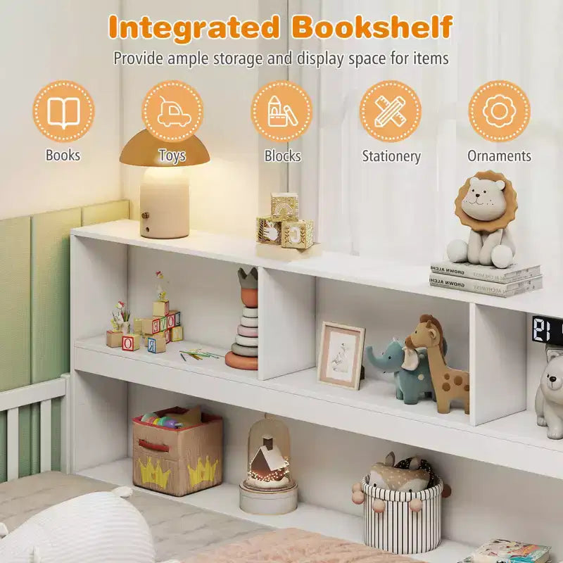 Montessori-Bodenbett in Twin-/Full-Größe mit Bücherregal, Stauraumfächern und Sicherheitsgittern, Weiß/Grau