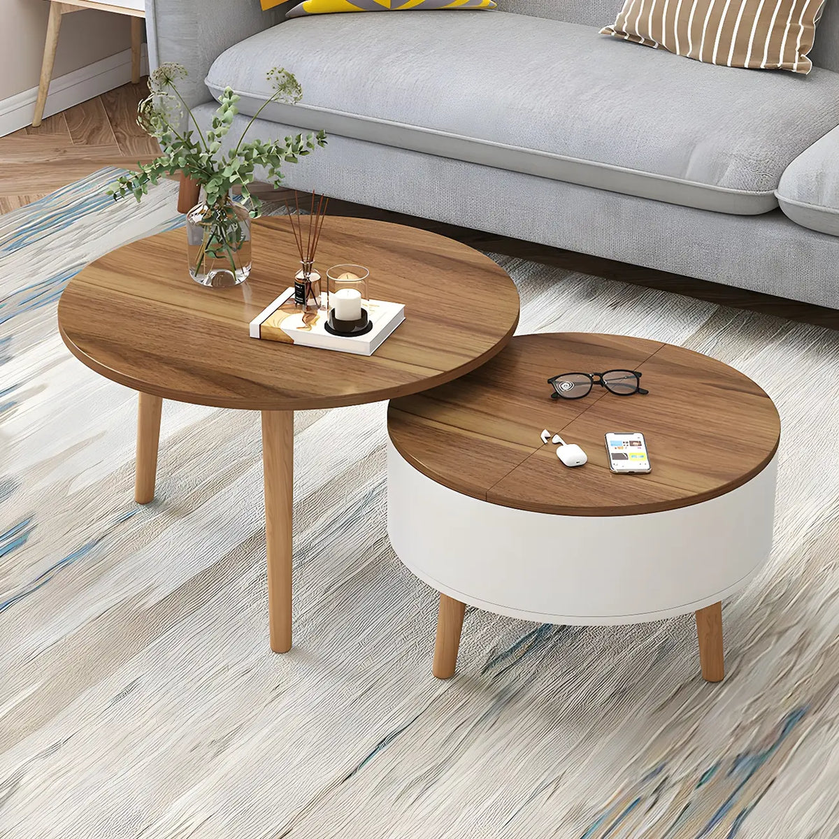 Tavolino da caffè moderno rotondo in legno bianco e nero con contenitore
