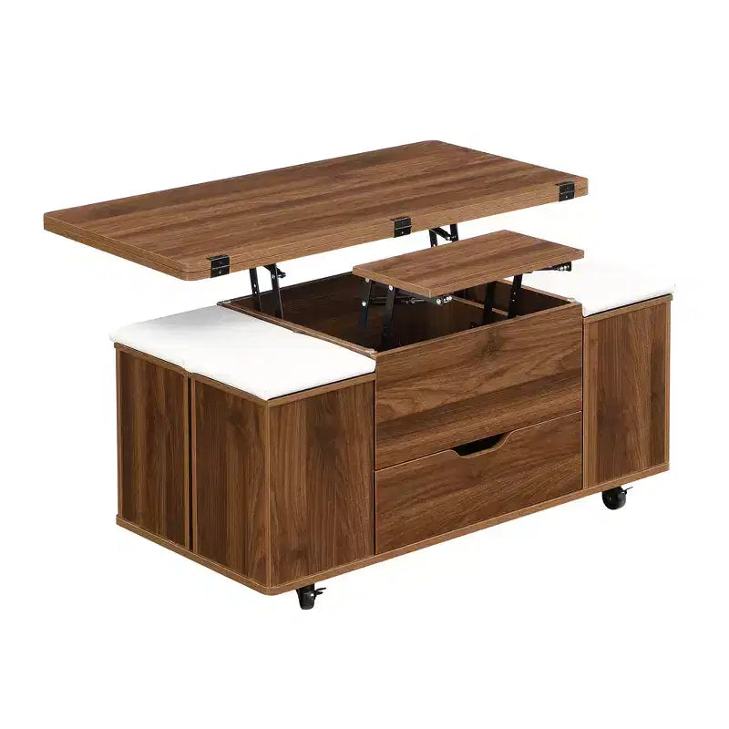 Multifunctionele moderne salontafel met hefbaar blad en verborgen opbergruimte, 4 krukken en zwenkwielen, perfect voor moderne woonruimtes