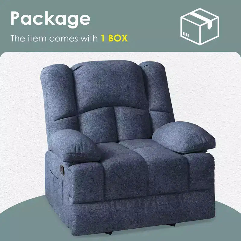 Blauwe extra grote relaxfauteuil met schommelmechanisme en chenillebekleding