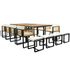 Juego de comedor de patio de 18 piezas de madera de acacia, con 8 sillas acolchadas, 8 otomanas y 2 mesas cuadradas