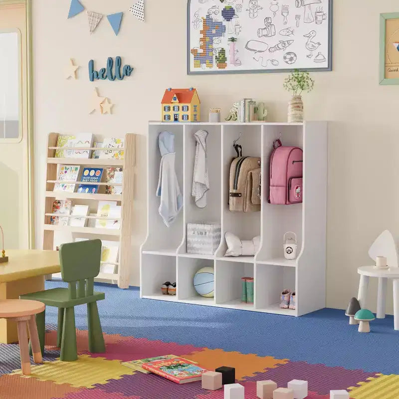 Armadietto componibile marrone e bianco a 4 vani con 8 ganci, per bambini