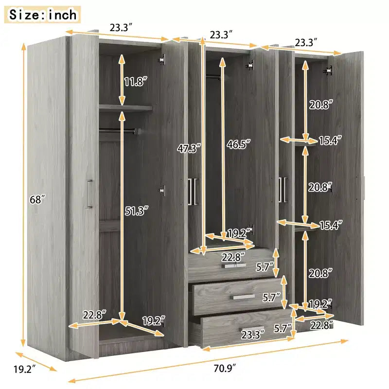 Armario de madera de 6 puertas con cajones para dormitorio