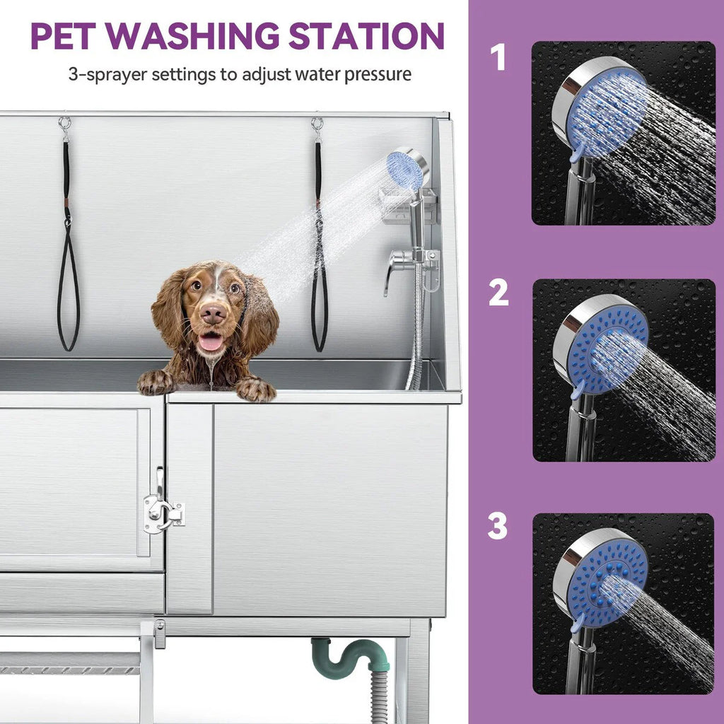 Bañera de aseo para mascotas de acero inoxidable de 50" W ajustable con rampa de escalones