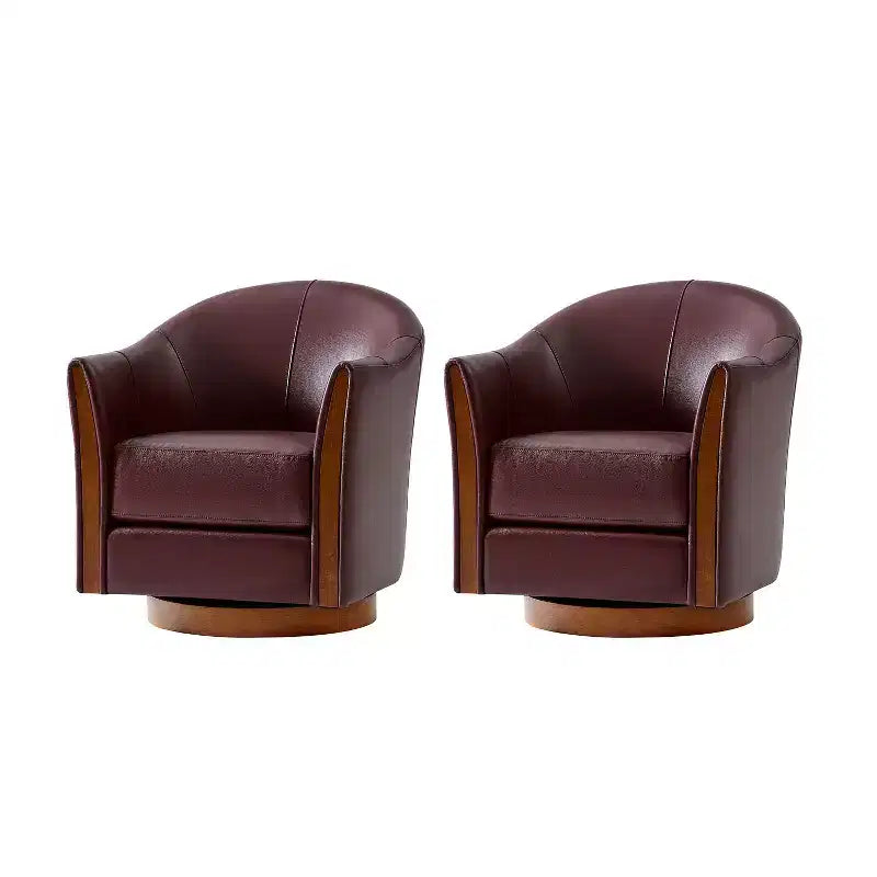 Set di 2 poltrone Pocono di transizione in vera pelle, girevoli, a forma di botte, con base in legno massello, Artful Living Design