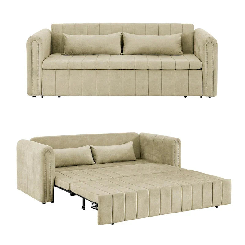 Aksamitna tapicerowana nowoczesna sofa wypoczynkowa z funkcją spania, rozkładana, z podłokietnikami w kształcie wałków i ozdobiona miedzianymi ćwiekami