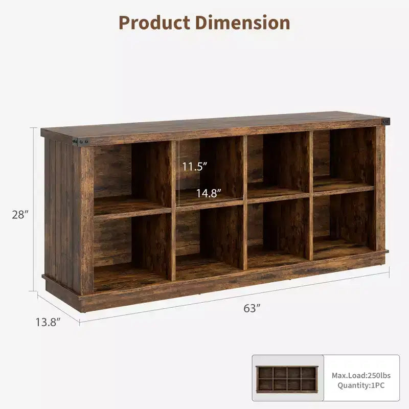 Bücherregal mit 8 Würfelfächern, horizontales Landhaus-Bücherregal, 62-Zoll-Holzregal mit Stauraum für den Eingangsbereich, lange niedrige Bücherregale für das Wohnzimmer