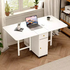 Table à manger pliable ATJafurn de 59 pouces avec rallonges rabattables pour petits espaces, table de cuisine rectangulaire en bois extensible avec roulettes et rangement