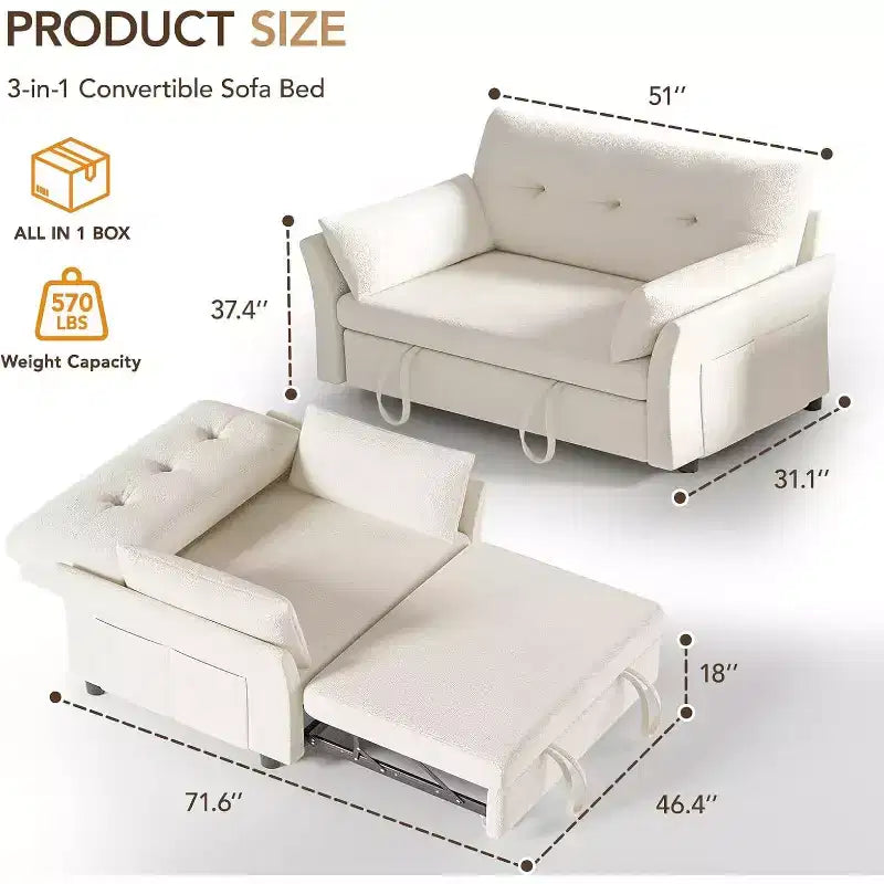 Sofá cama convertible 3 en 1 Dyonery, sofá cama extraíble con bolsillo lateral y respaldo ajustable, montaje sin herramientas, sofá de dos plazas plegable