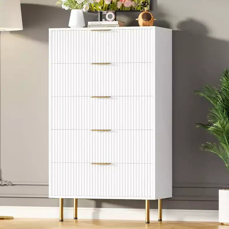 Weiß / Marmor und Holz, Kommode mit 5 Schubladen – geriffelte Front, für 1 Person