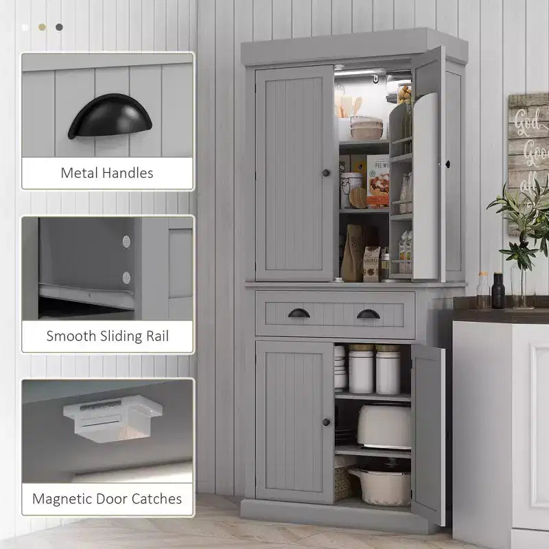 Credenza dispensa da cucina da 71 con luci LED, 6 ripiani sulle ante, un cassetto e 4 ripiani regolabili