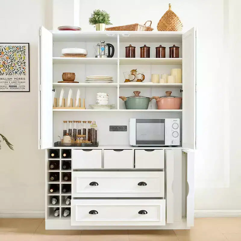 Despensa de cocina independiente Whisen de 71' de altura, armario grande de almacenamiento para comedor con aparador, 4 puertas plegables, estantes y botelleros