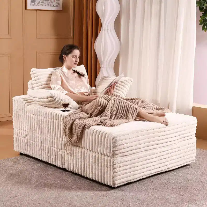 Suuri lepotuoli sisäkäyttöön, säilytystilallinen rahillinen, verhoiltu vakosamettinen vuodesohva Cloud Couch, 3 tyynyä, yhden hengen vuodesohvatuoli