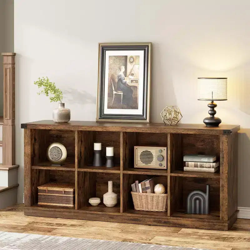 Bücherregal mit 8 Würfelfächern, horizontales Landhaus-Bücherregal, 62-Zoll-Holzregal mit Stauraum für den Eingangsbereich, lange niedrige Bücherregale für das Wohnzimmer