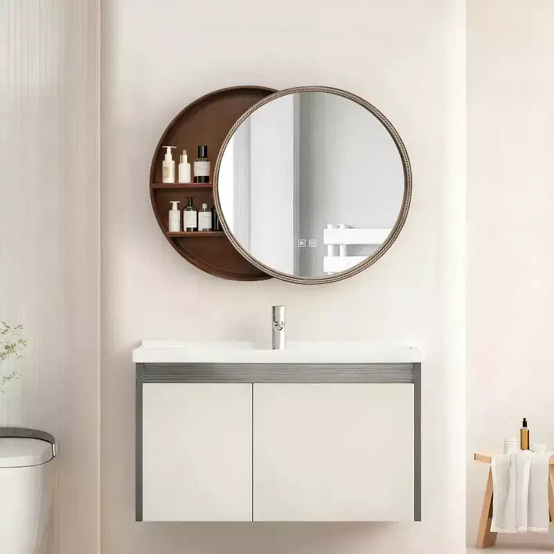 Moderne ronde wandspiegel van 23,6 inch met schuifdeur en opbergruimte, ruimtebesparende badkamerspiegel, accentspiegel voor de woonkamer